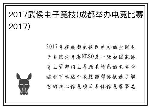 2017武侯电子竞技(成都举办电竞比赛2017)